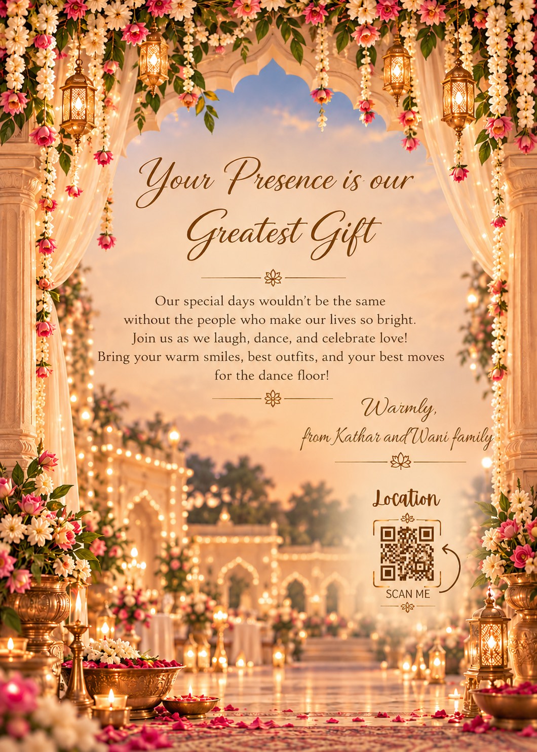 Your Presence is our Greatest Gift — Warmly, from Kathar and Wani family